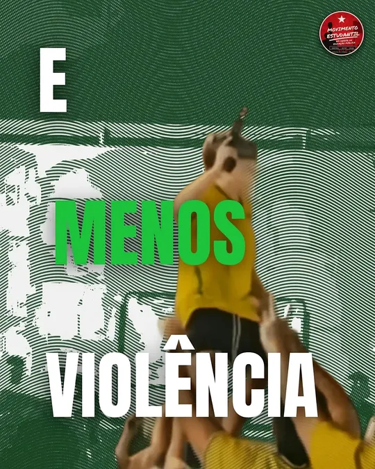 Carrossel em duas imagens. Na primeira, fundo vermelho com uma menina erguendo a Constituição e a frase "Por mais educação". Na segunda, fundo verde com uma criança erguida pela multidão e a frase "E menos violência" (2 de 2)